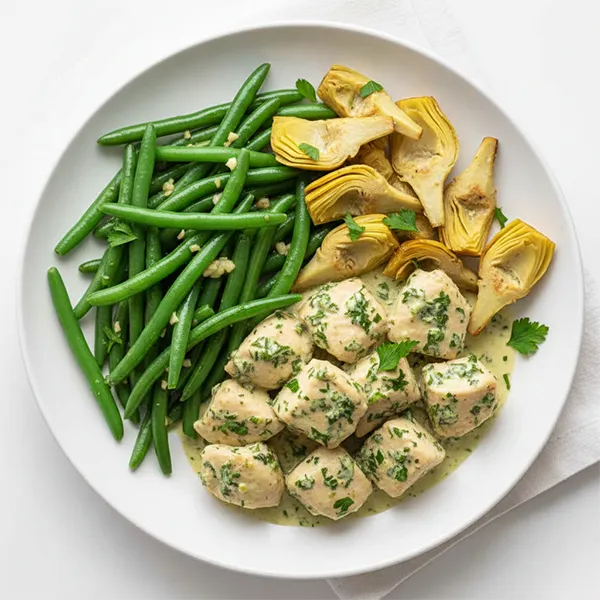 Creamy parsley Chicken with Garlic Green beans & Artichoke